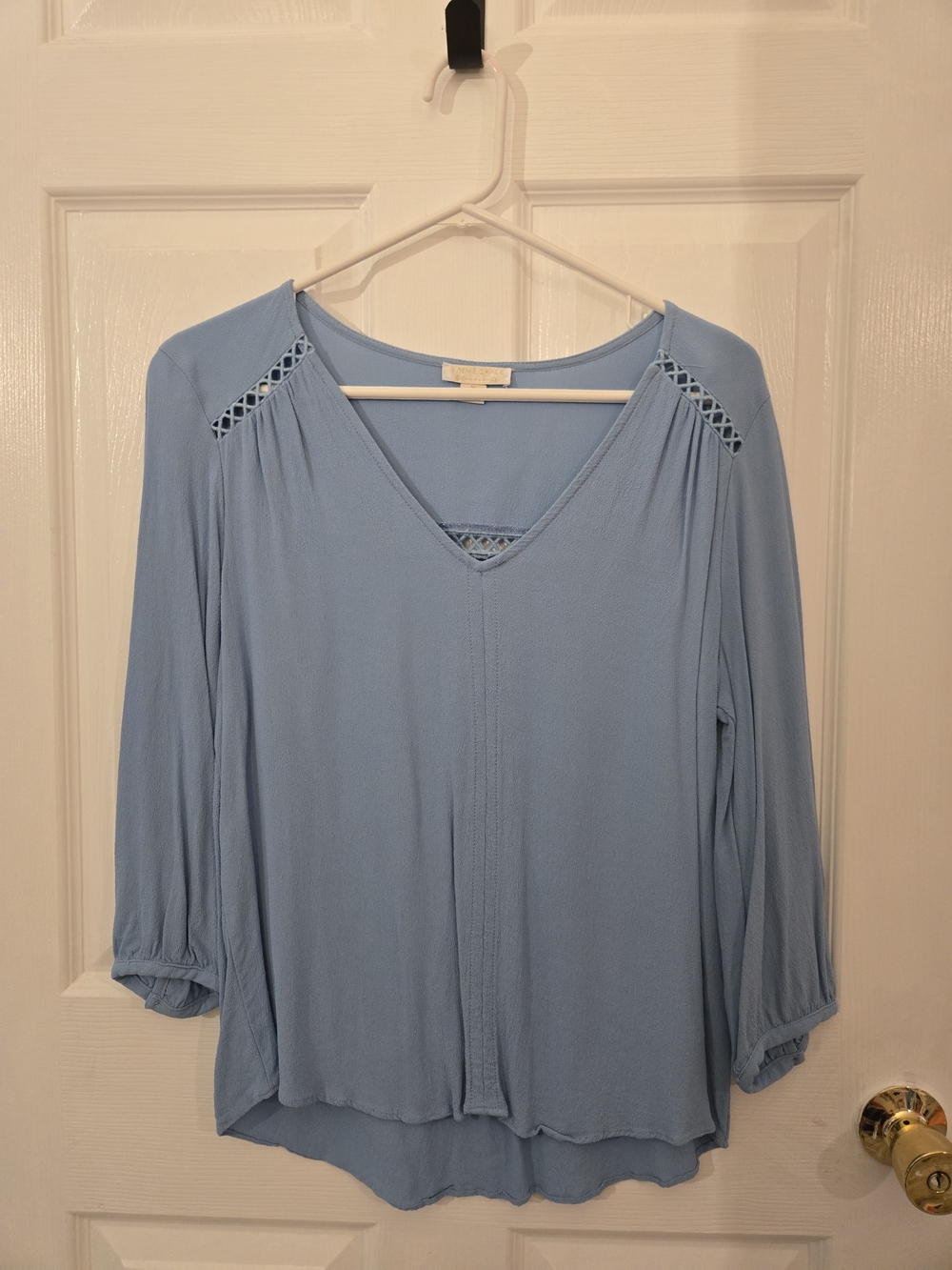 Light Blue V-Neck Women’s Blouse with Crochet Shoulder Detail
